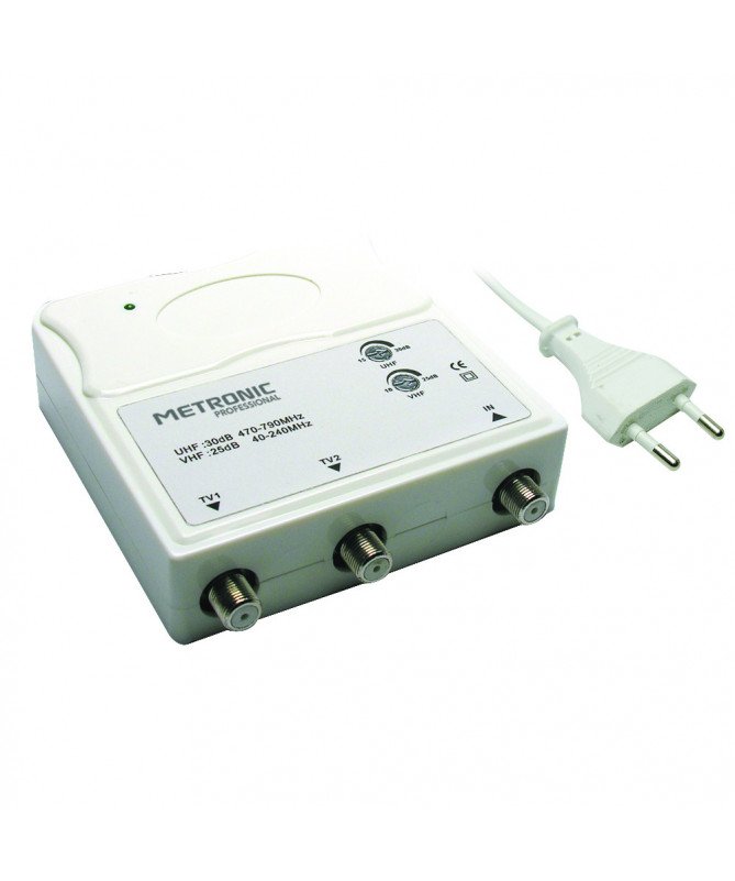 AMPLIFICATORE ANTENNA TV DA INTERNO 1 INGRESSO 2 USCITE - METRONIC - FILTRO 5G